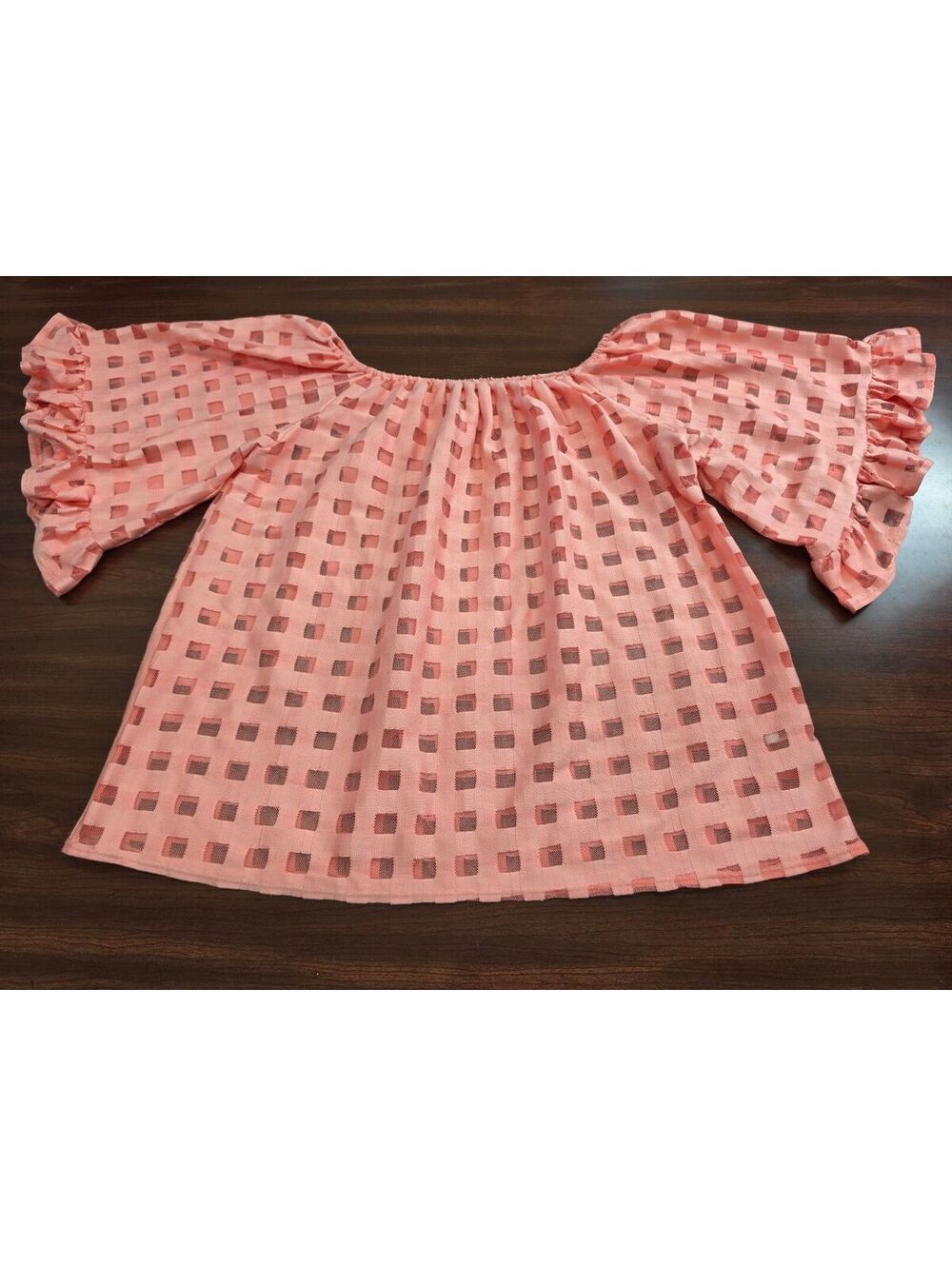 Emma Rose Peach Checkered Off The Shoulder Ruffle Bell Sleeve M Coquette Top